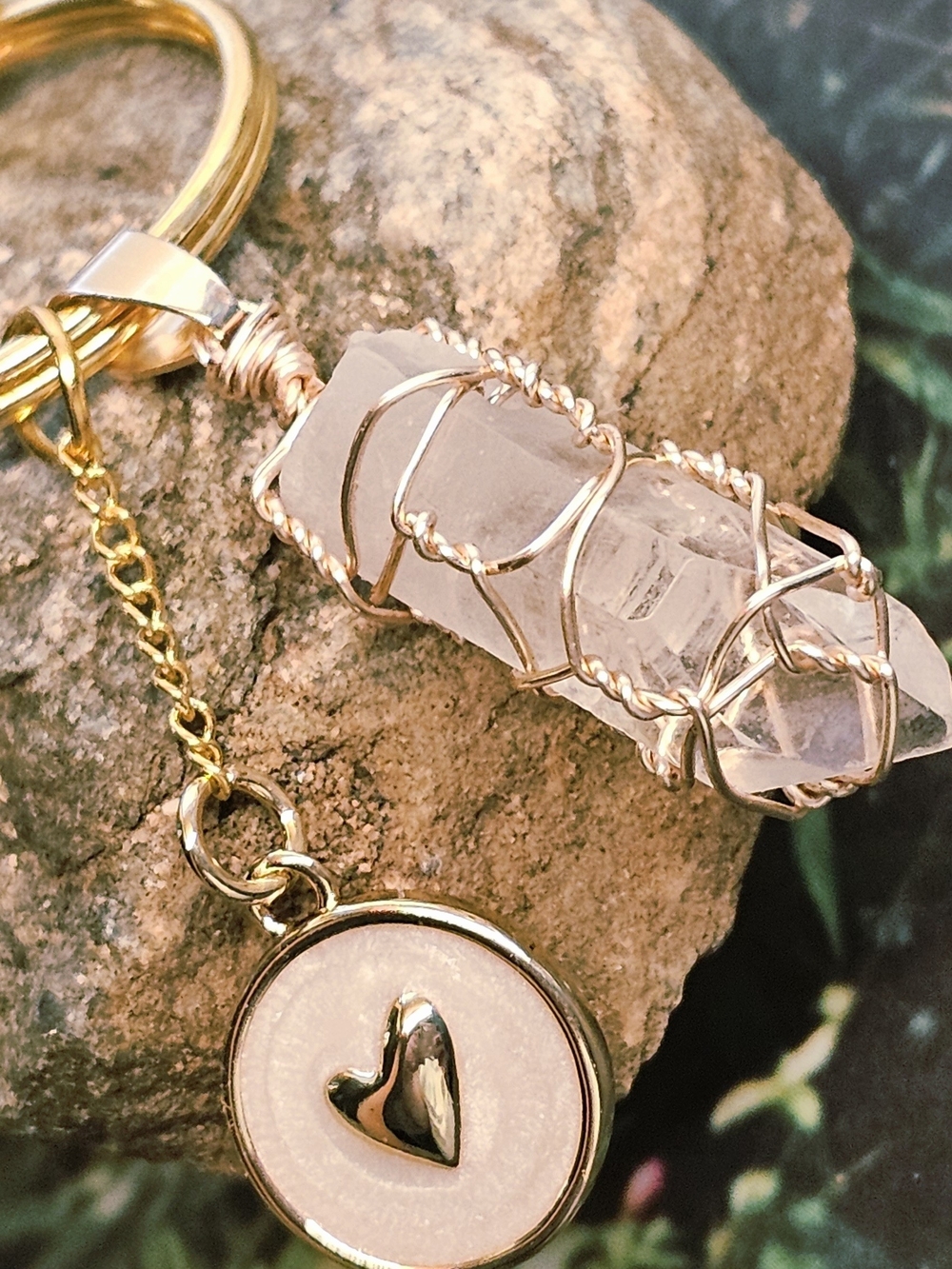 Wire-Wrapped Clear Quartz Keychain with Gold Heart Charm